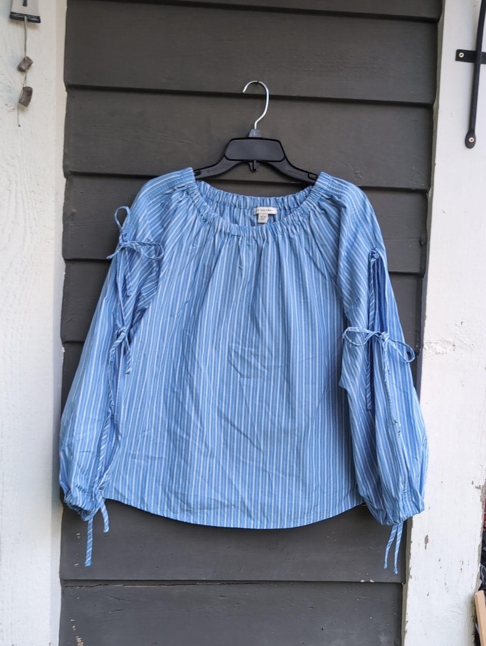 Free Assembly Light Blue Striped Off-Shoulder Tie-Sleeve Top NWTG Size Large